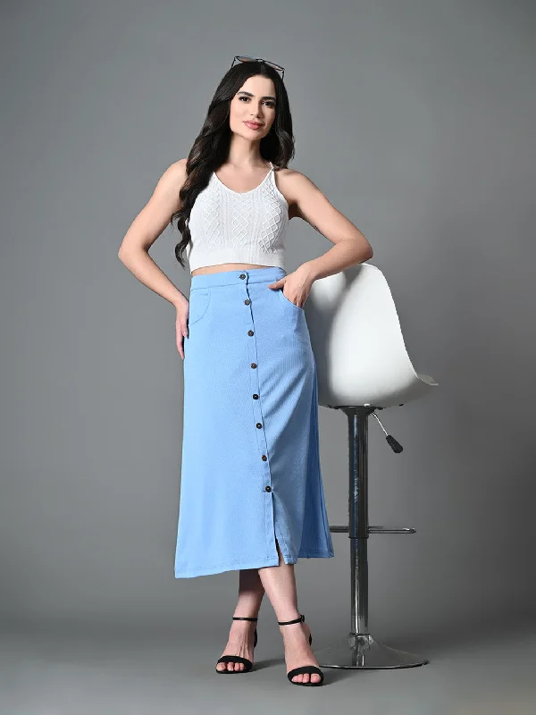 Myshka Women's Solid Ribbed A-Line Embellished Casual Skirt in Blue Color summer skirt style