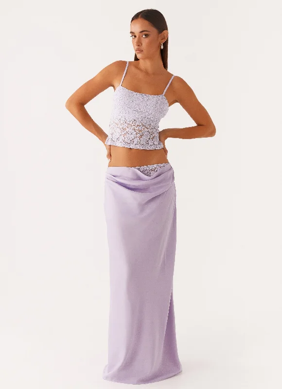 Nancy Lace Satin Maxi Skirt - Lilac lace skirt delicate