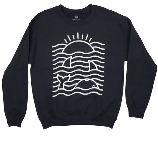 Ocean Waves - Sweatshirt - Black Hoodie with Hem Ribbing Snug Secure