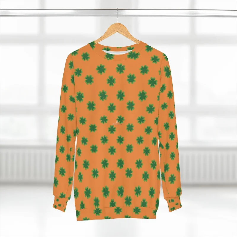 Orange St. Patty's Day Sweatshirt, Orange St. Patrick's Day Green Clover Print Unisex Couple's Sweatshirt- Made in USA Hoodie with Mock Neck Collared Structured Orange St. Patty's Day Sweatshirt, Orange St. Patrick's Day Green Clover Print Unisex Couple's Sweatshirt- Made in USA Hoodie with Mock Neck Collared Structured