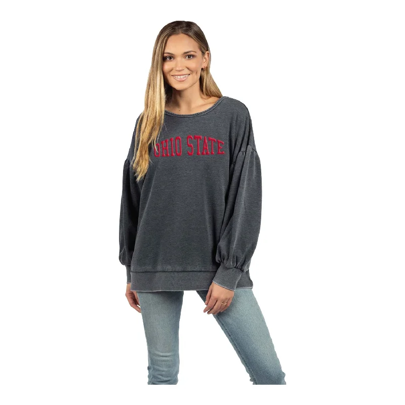Ladies Ohio State Buckeyes Burnout Puff Sleeve Charcoal Sweatshirt Hoodie with Button Classic Timeless Ladies Ohio State Buckeyes Burnout Puff Sleeve Charcoal Sweatshirt Hoodie with Button Classic Timeless