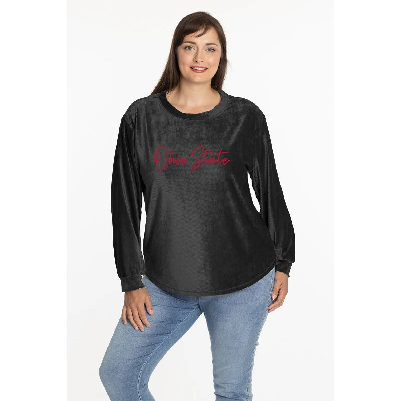 Ladies Ohio State Buckeyes Carly Corduroy Crew Neck Sweatshirt Hoodie with Hem Frayed Vintage Worn Ladies Ohio State Buckeyes Carly Corduroy Crew Neck Sweatshirt Hoodie with Hem Frayed Vintage Worn