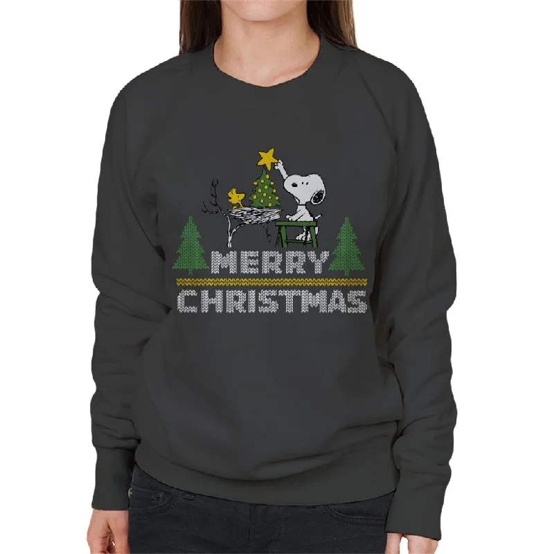 Peanuts Snoopy And Woodstock Decorating Xmas Tree Women's Sweatshirt Hoodie with Typography Text Message Peanuts Snoopy And Woodstock Decorating Xmas Tree Women's Sweatshirt Hoodie with Typography Text Message