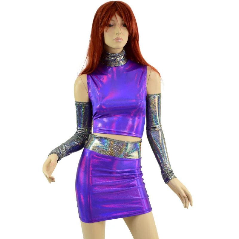 4PC Purple Crop Top & Skirt Set with Silver Holo Trim and Arm Warmers button skirt front