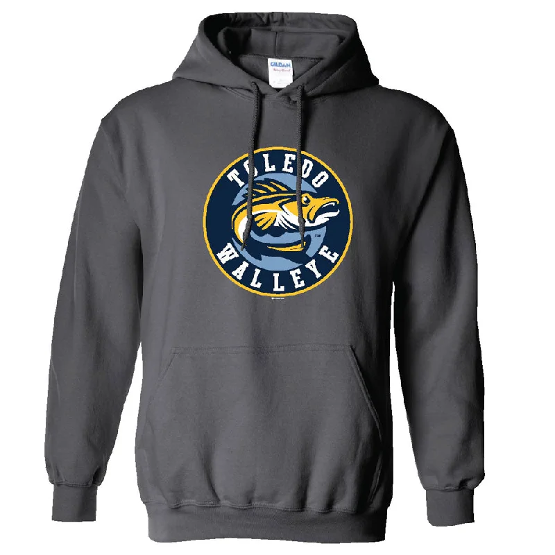 Toledo Walleye Charcoal Retro Crest Hooded Sweatshirt Hoodie with Hem Embroidery Detailed Premium