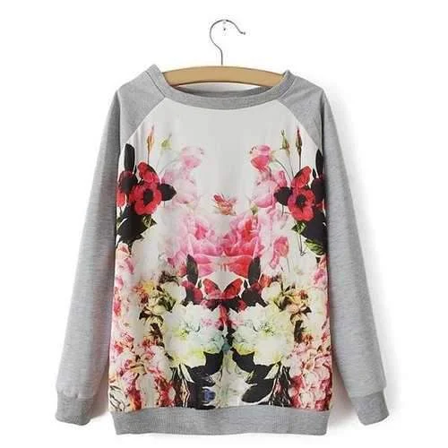Fashionable Round Neck Long Sleeve Floral Print Sweatshirt For Women - L Hoodie with Hem Lace Feminine Delicate Fashionable Round Neck Long Sleeve Floral Print Sweatshirt For Women - L Hoodie with Hem Lace Feminine Delicate