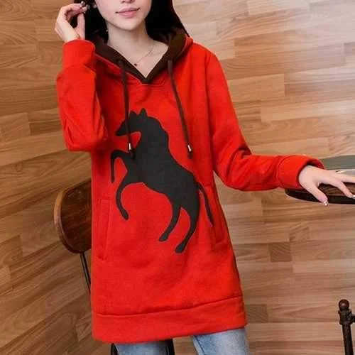Casual Hooded Long Sleeve Pony Pattern Women's Hoodie - Red L Hoodie with Hood Adjustable Protection Casual Hooded Long Sleeve Pony Pattern Women's Hoodie - Red L Hoodie with Hood Adjustable Protection