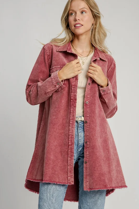 Umgee Raw Hem Button Down Denim Jacket with Chest Pockets - Wine Striped Jacket Polka Dot Jacket Floral Jacket Umgee Raw Hem Button Down Denim Jacket with Chest Pockets - Wine Striped Jacket Polka Dot Jacket Floral Jacket