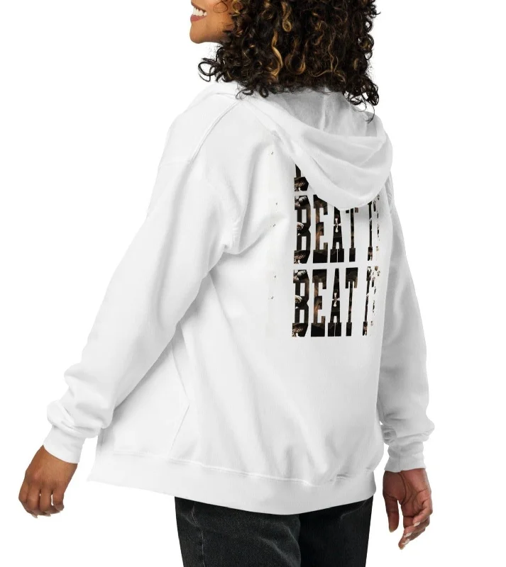 White heavy blend zip hoodie-Embroidered "I Beat it" Print Hoodie with Pastel Soft Subtle White heavy blend zip hoodie-Embroidered "I Beat it" Print Hoodie with Pastel Soft Subtle