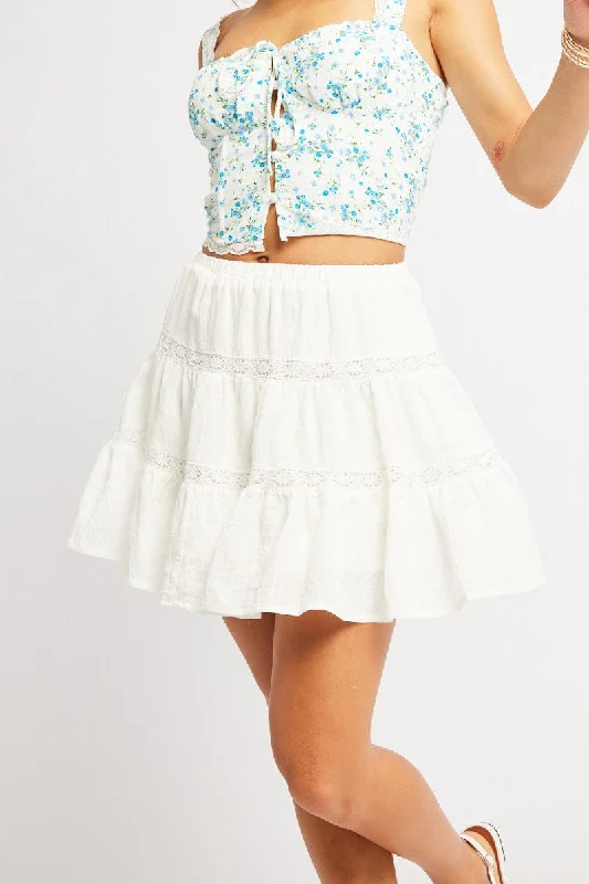 White Skater Skirt Tiered High Rise Mini Lace Insert zip skirt side