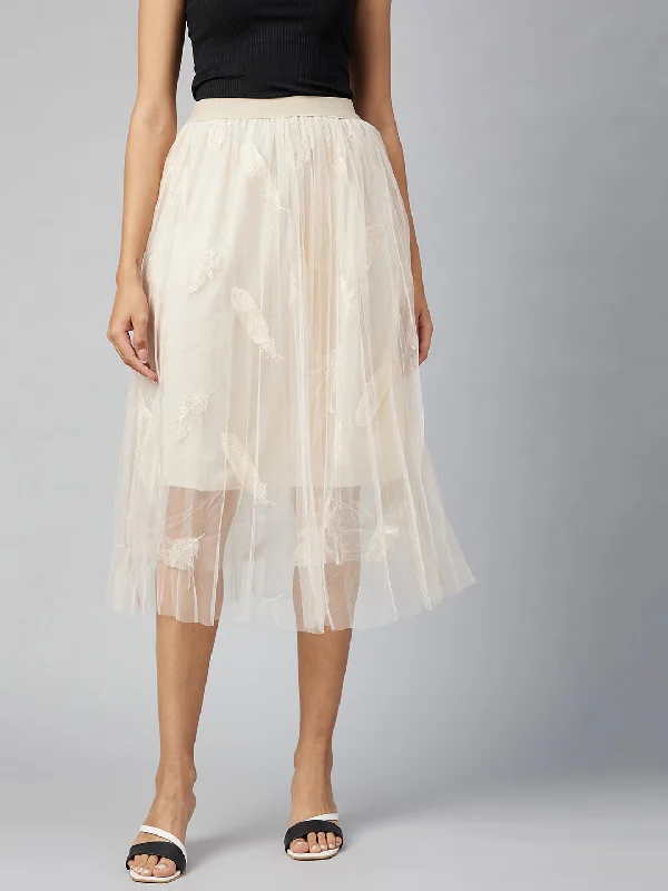 Women's Beige Self Embroidered Net Skirt With Lining - Stylestone corduroy skirt durable