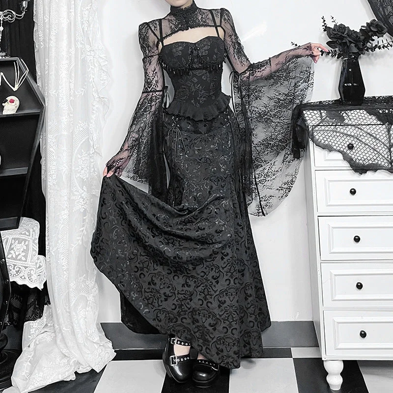 Women's Gothic Lace-up Jacquard Fishtail Skirt leather skirt durable