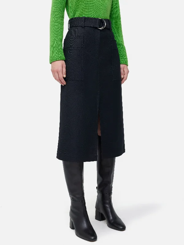 Wool Belted Utility Skirt | Navy patchwork skirt art