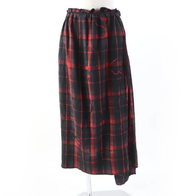 Y's Rayon Check Long Skirt Black Red Women midi skirt versatile