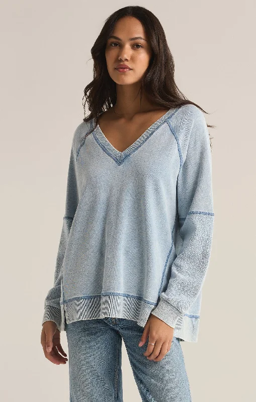 Z Supply - Easy V-Knit Denim Sweatshirt Hoodie with Exposed Zipper Edgy Industrial