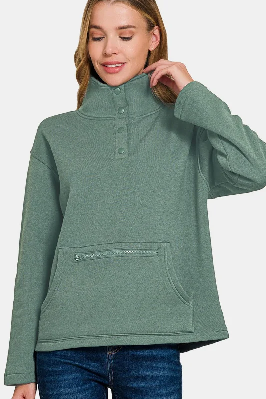 Zenana Turtleneck Half Snap Fleece Sweatshirt In Ash Hoodie with Relaxed Fit Easy Casual Zenana Turtleneck Half Snap Fleece Sweatshirt In Ash Hoodie with Relaxed Fit Easy Casual