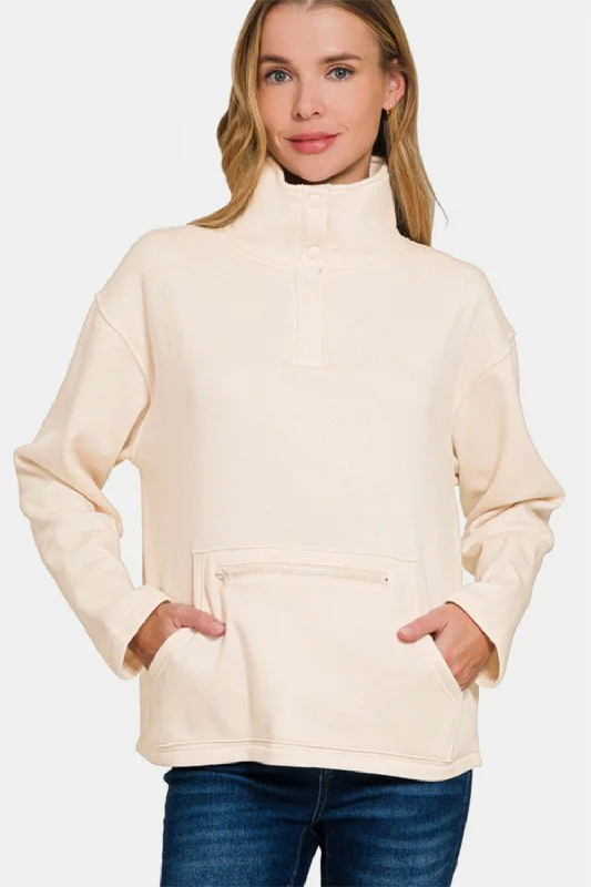 Zenana Turtleneck Half Snap Fleece Sweatshirt Hoodie with Belted Waist Structured Tailored Zenana Turtleneck Half Snap Fleece Sweatshirt Hoodie with Belted Waist Structured Tailored
