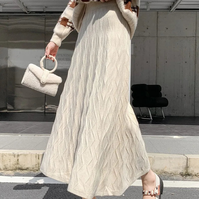 Knitted Drooping Long A-line High Waisted Slim Woolen Skirt leather skirt bold