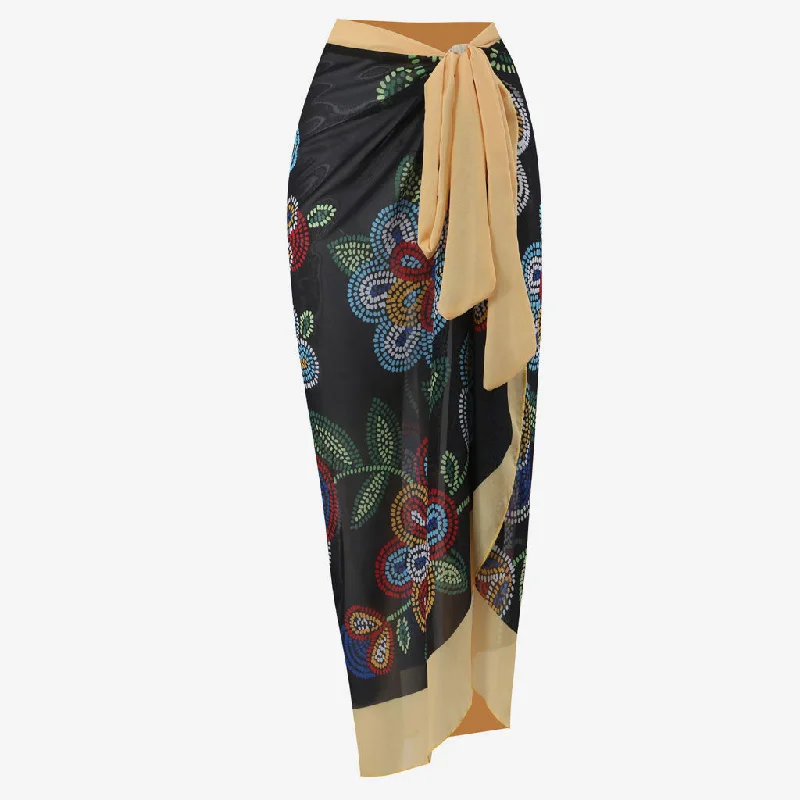 Sexy Floral Print Contrast High Waist Chiffon Tie Knot Maxi Cover Up Sarong silk skirt luxurious